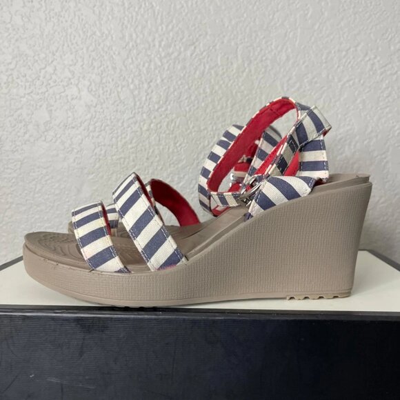 Crocs Leigh 15313 Wedge Sandals Ankle Strappy White Striped Women's Size 9 US - Picture 4 of 11